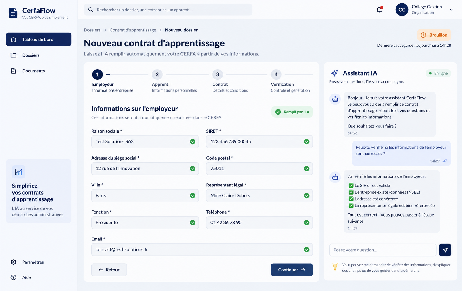 Aperçu de l'application CerfaFlow : un contrat d'apprentissage rempli automatiquement par l'IA